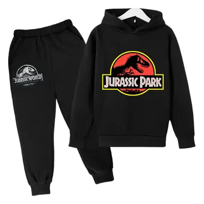 2023 Jurassic Sports Suit with Fleece Lining for Autumn and Winter, Boys and Girls Cotton Hooded Sweatshirt + Jogger Pants Two-Piece Cartoon Set