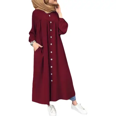 Green Button Front Long Sleeve Plus Size Dress