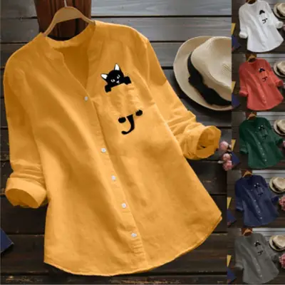 Women Cotton Linen Printed Long Sleeve Top Large