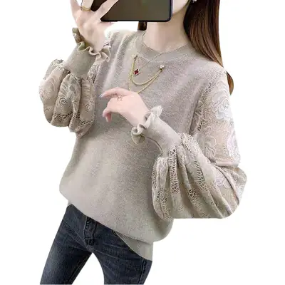 Black Lace Knit Ruffled Sweater for Women 2025