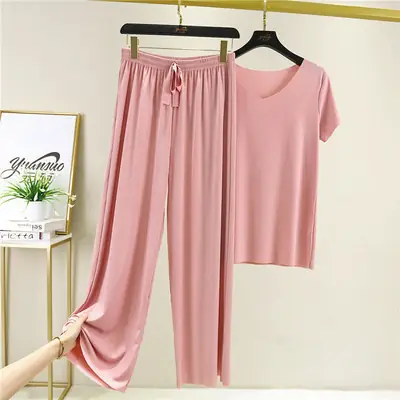 Women Ice Silk Wide-leg Pants Summer Suit