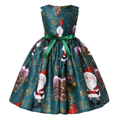 New Kids Christmas Dress Green Print Bow Dress