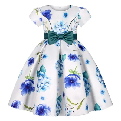 2025 Kids Bow Puffy Floral Dress White Blue