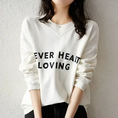 Women's White Printed Cotton Pullover Sweater