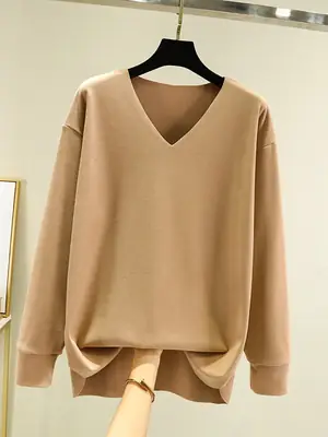 Women's V-Neck Long Sleeve T-Shirt Brown Velvet