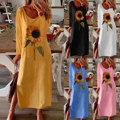Women Sunflower Printed Long Sleeve Dress Multi Color