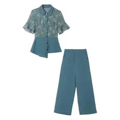 Women's 2-Piece Summer Suit Teal Wide Leg Pants