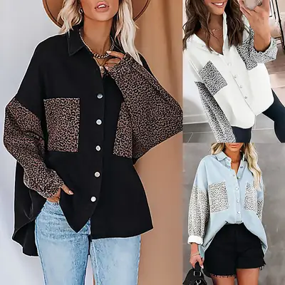 Light Blue Leopard Print Long Sleeve Button Top Large