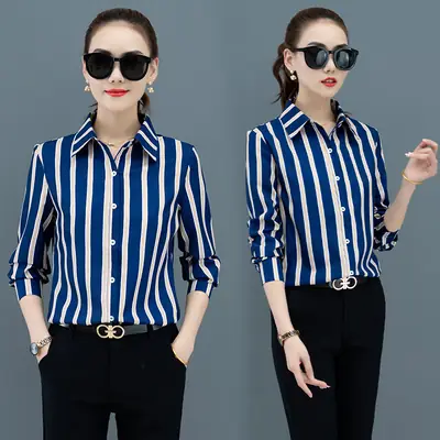 Women Long Sleeve Striped Business Shirt Blue White Large