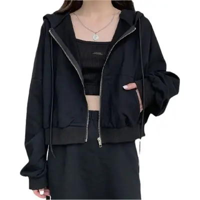 Women Pink Hooded Sweatshirt Short Sleeve Zipper Cardigan