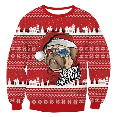 2024 Christmas Animal Puppy Sweatshirt Red Round Neck Long Sleeve