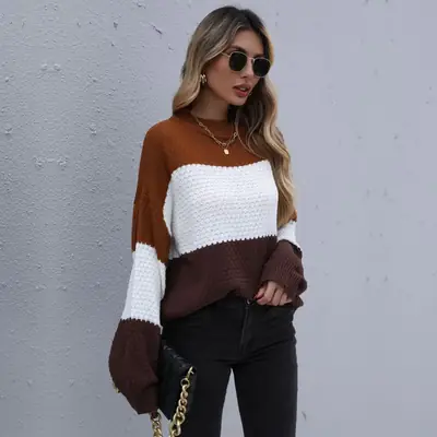 Yiyi Knitted Cross-Border Sweater Brown White Round Neck Casual