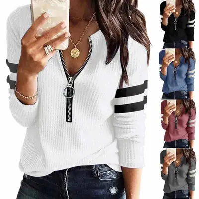 2022 Women Zipper V Neck Long Sleeve T-Shirt Blue