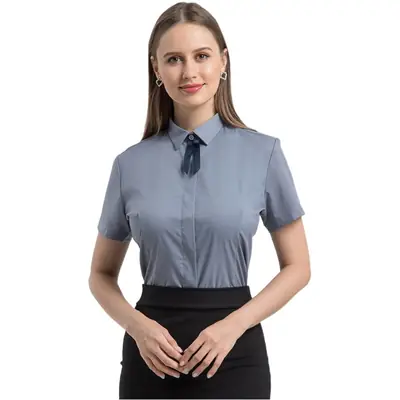 Women Short Sleeve Shirt with Bow Tie & Hidden Placket