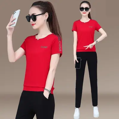 Women Red Casual Sports Suit Summer Two-Piece Loose Fit