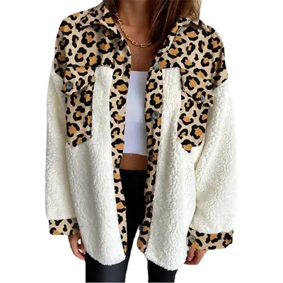 Leopard Print Plush Patchwork Winter Jacket Red White