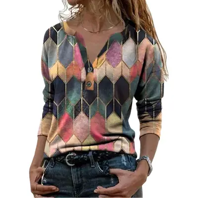 Women V-Neck Color Block Long Sleeve Shirt Top