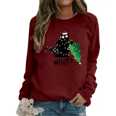 Women Christmas Cat Print Long Sleeve Sweatshirt Maroon