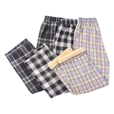 Women Plaid Thick Velvet Pants Winter Warm High Waist