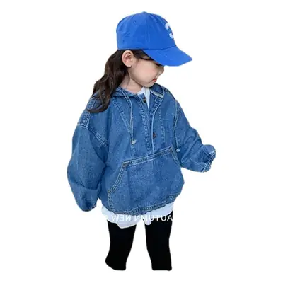 Girls Denim Hooded Coat Blue 2021 Autumn New