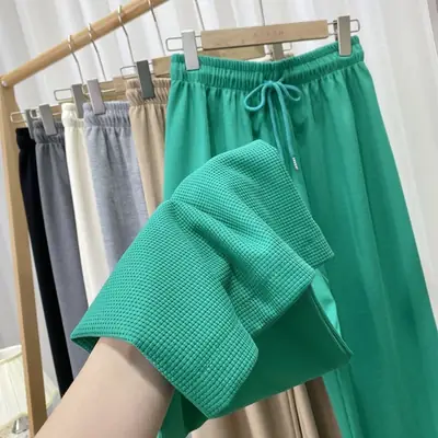 Women Black Waffle Elastic Waist Wide Leg Pants