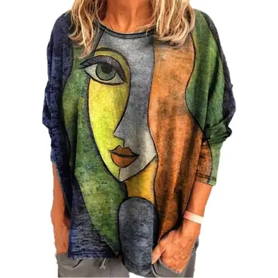 2022 Women's Face Print Long Sleeve T-Shirt Blue Purple Grey