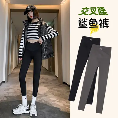 Cross Waist Fleece Lined Shark Pants Women Black Grey 2023