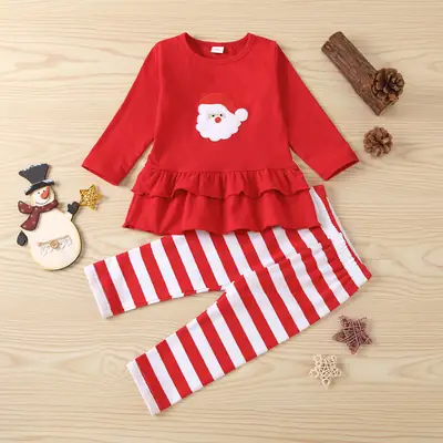 2021 Christmas Girls' Red Santa Patch Ruffled Top & Striped Pants Set