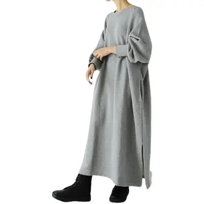 Gray Cotton Crew Neck Sweater Dress for Women