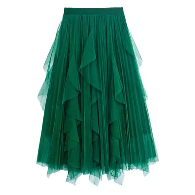 Green Ruffled Mesh Skirt Mid Length High Waist