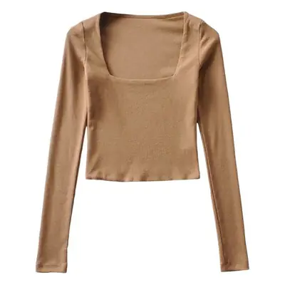 Women's Square Collar Long Sleeve T-Shirt Brown