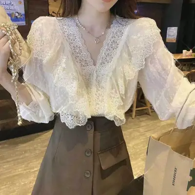 Vintage Lace V-Neck Long Sleeve Shirt Women Autumn