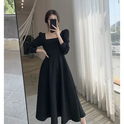Hepburn Style Black Square Collar Long Skirt Dress for Women