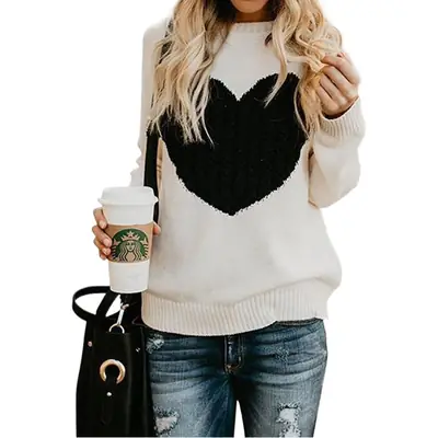 Black Heart Print Women's Sweater Large Size