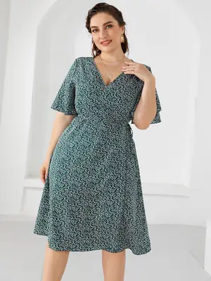 Plus Size Printed V-Neck Wrap Dress XL-5XL