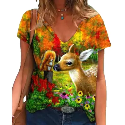 Women Printed V-Neck Pullover Top 2021 Summer