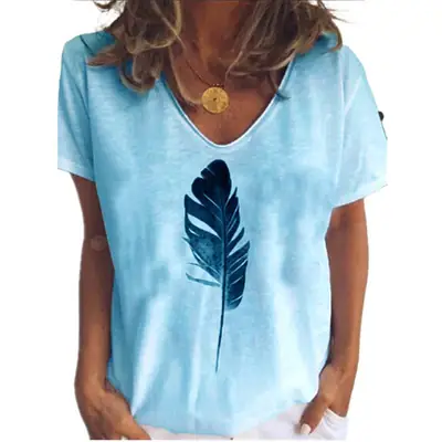 Women Feather Printed V-Neck T-Shirt Pink