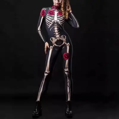 2021 Halloween Skeleton Printed Jumpsuit Pink Black Slim Fit