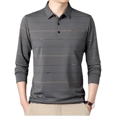 Men Long Sleeve Striped Polo Shirt Brown