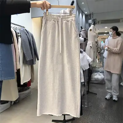 Korean Dongdaemun 2026 Solid Color Slit Skirt