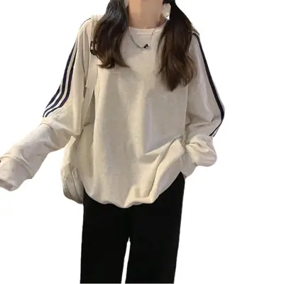 Women Long Sleeve Sweatshirt Navy Orange Stripes