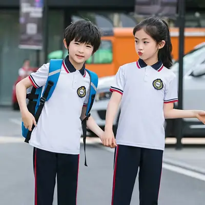 Boy's Collared Polo Shirt White Red Blue Middle School Uniform