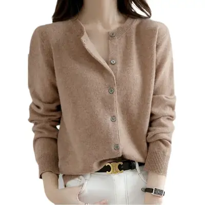 Women Red Crewneck Worsted Wool Cardigan Long Sleeve Single Breasted