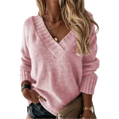 Women V-Neck Long Sleeve Sweater Top Beige 2024