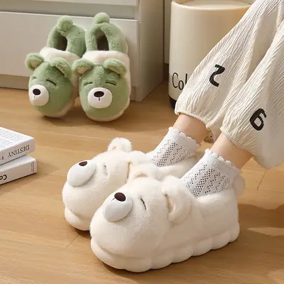 Women Cartoon Bear Plush Slippers Green Winter Warm
