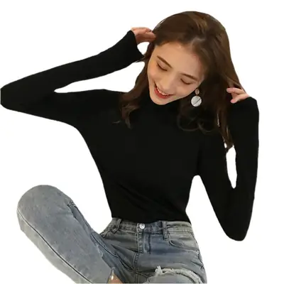 Women Black Knitted Collar Pullover Sweater 2023 Winter