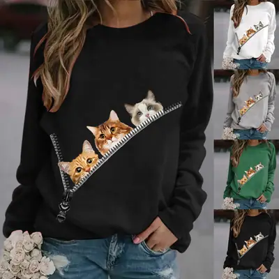 Women's Black Cat Printed Crewneck Sweater