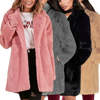 Women's 2023 Faux Fur Lapel Coat Tan Long Sleeve