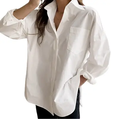White Long Sleeve Shirt for Women Loose Fit 2026 Spring