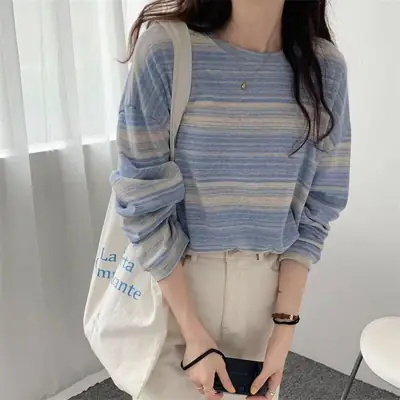 Women Striped T-Shirt Blue Long Sleeve Spring Autumn 2021